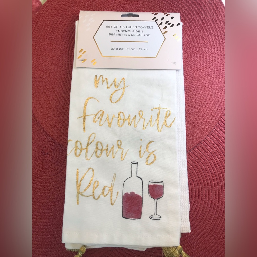 100% Cotton Set of 3 Kitchen Towels. “My favourite colour is Red”